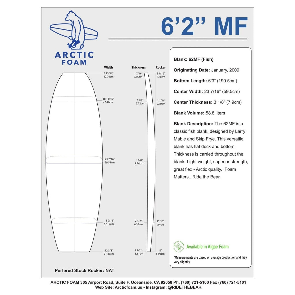 Arctic Foam Blanks 6'2" MF Surfboard Blanks & Templates Arctic Foam 