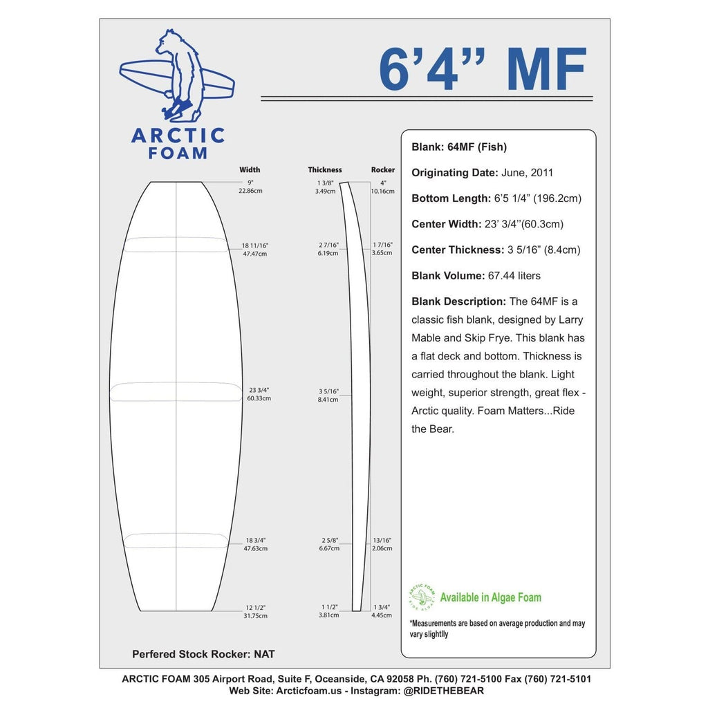 Arctic Foam Blanks 6'4" MF Surfboard Blanks & Templates Arctic Foam 