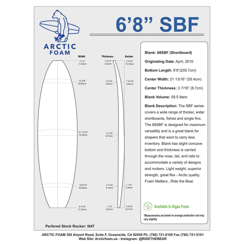 Arctic Foam Blanks 6'8" SBF Surfboard Blanks & Templates Arctic Foam 
