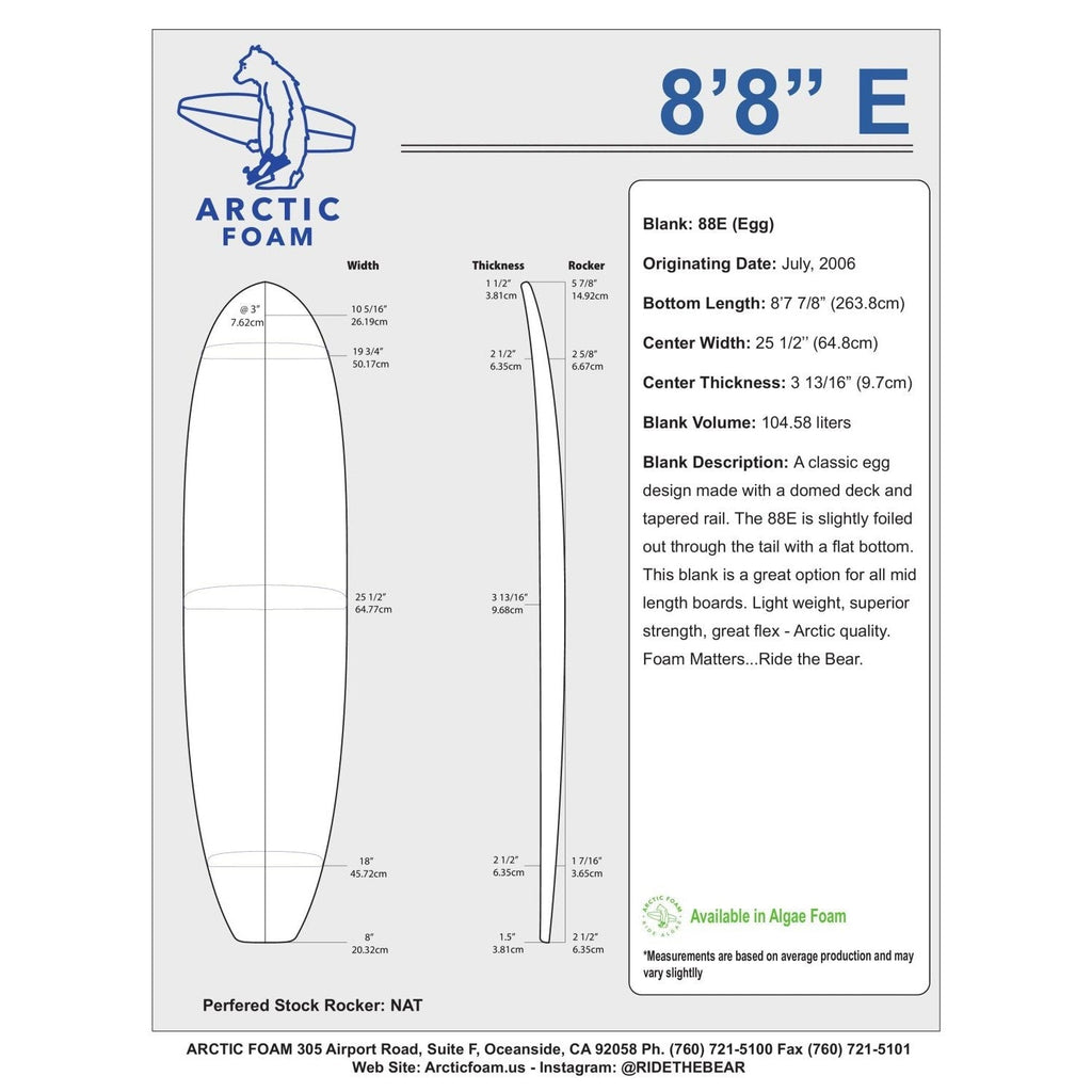 Arctic Foam Blanks 8'8" E Surfboard Blanks & Templates Arctic Foam 